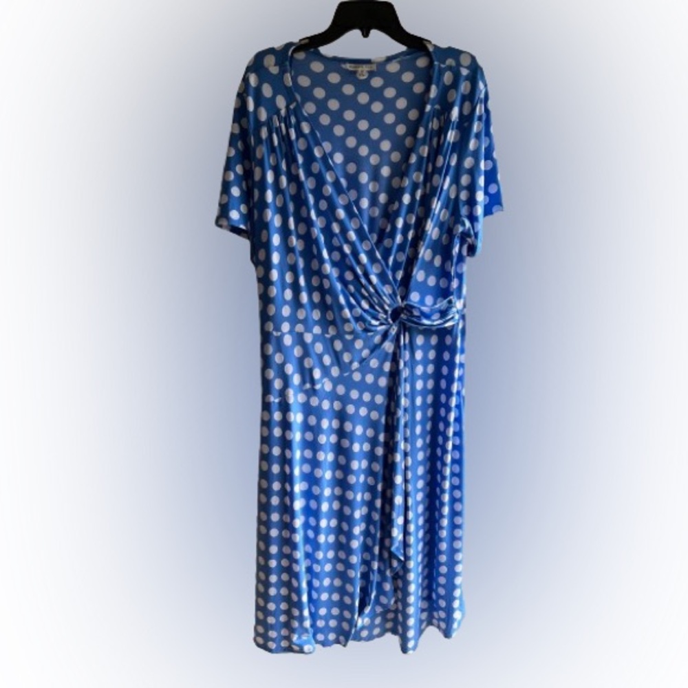 Robbie Bee Polka Dot Stretchy V Neck Dress Women's Plus Size 2X Blue & White New